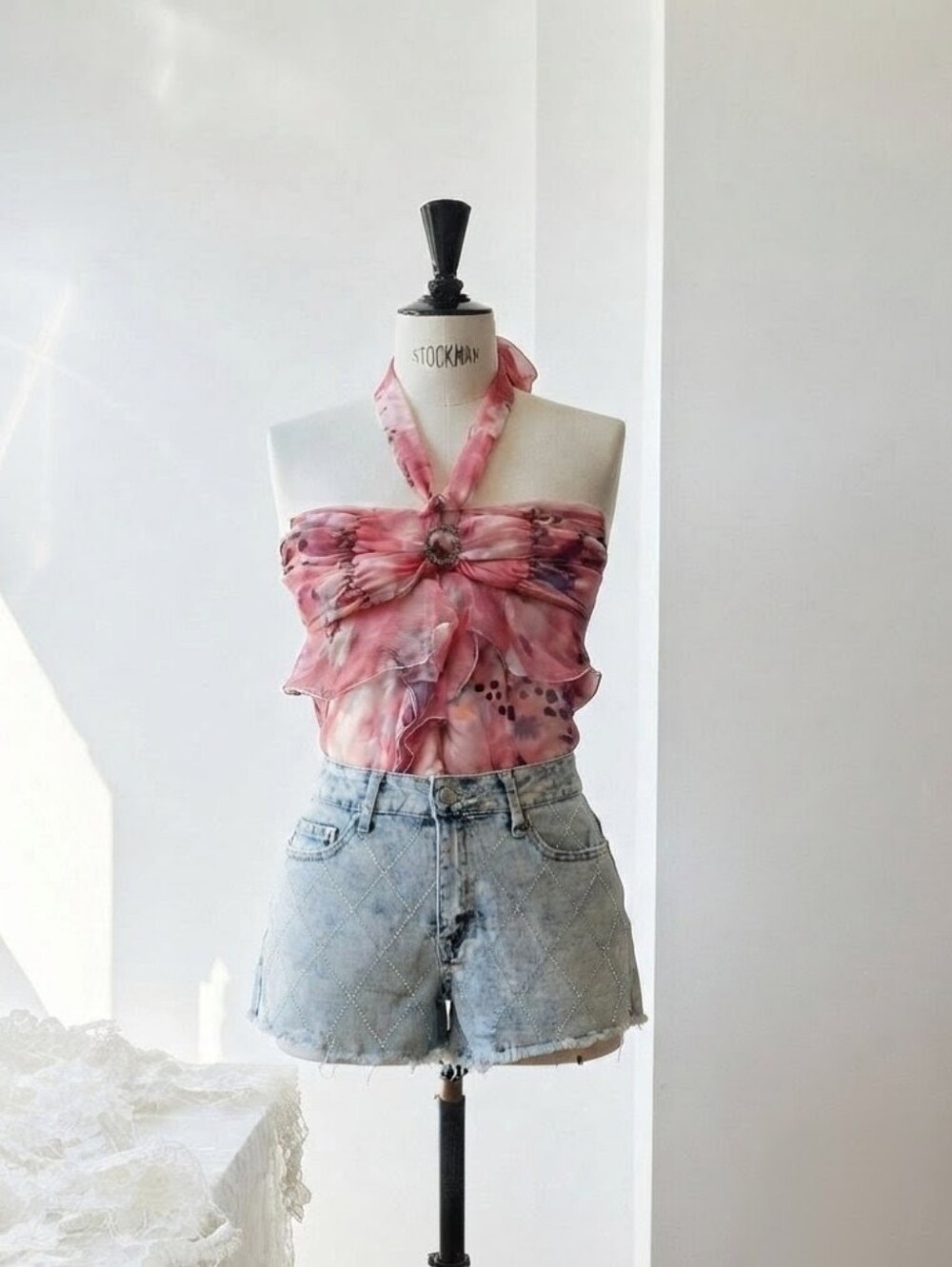 Light Wash Denim Shorts with Diamond Stitching